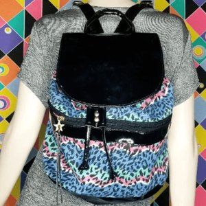 90s Rainbow Cheetah Print Canvas/Patent Backpack 80s 1980s Aesthetic Vintage